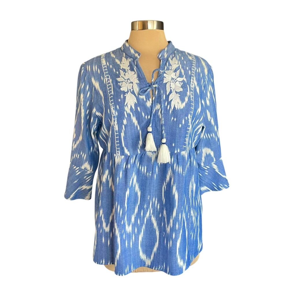 Reba Blue White Ikat Print Floral Embroidered‎ Boho Top MEDIUM Peplum Western
